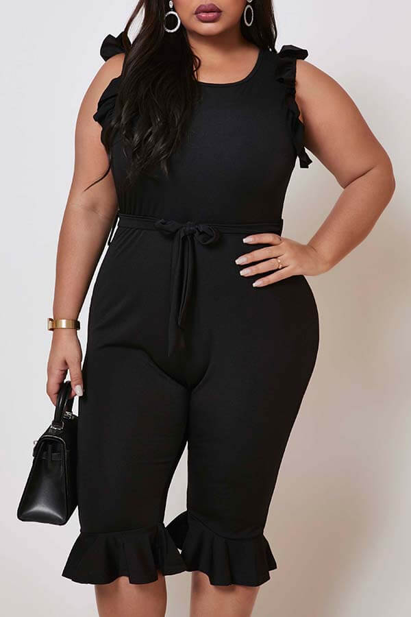 

Lovely Plus Size Sweet Flounce Design Black One-piece Romper