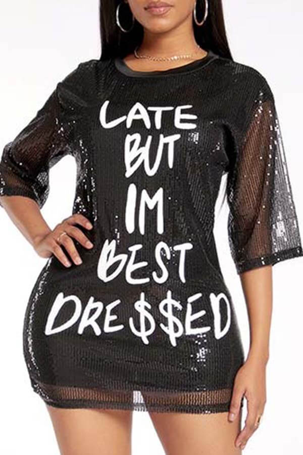 LW Stylish Letter Print Black Mini Dress