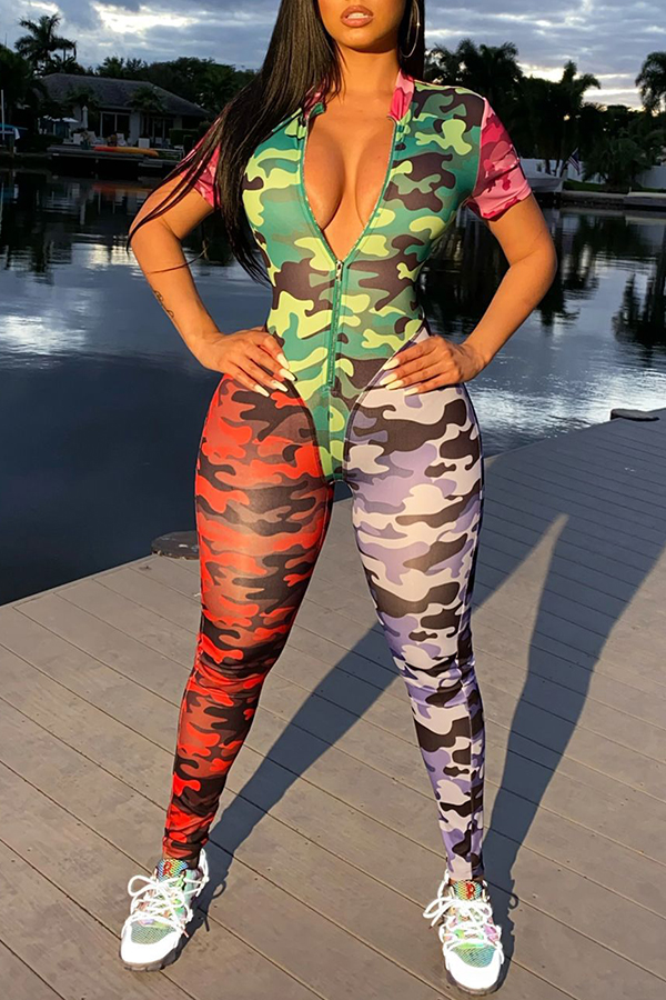 

Lovely Casual Camo Print Patchwork One-piece Jumpsuit