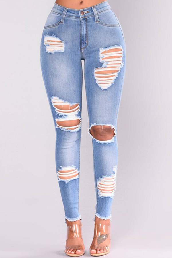 

Lovely Stylish Broken Holes Baby Blue Jeans