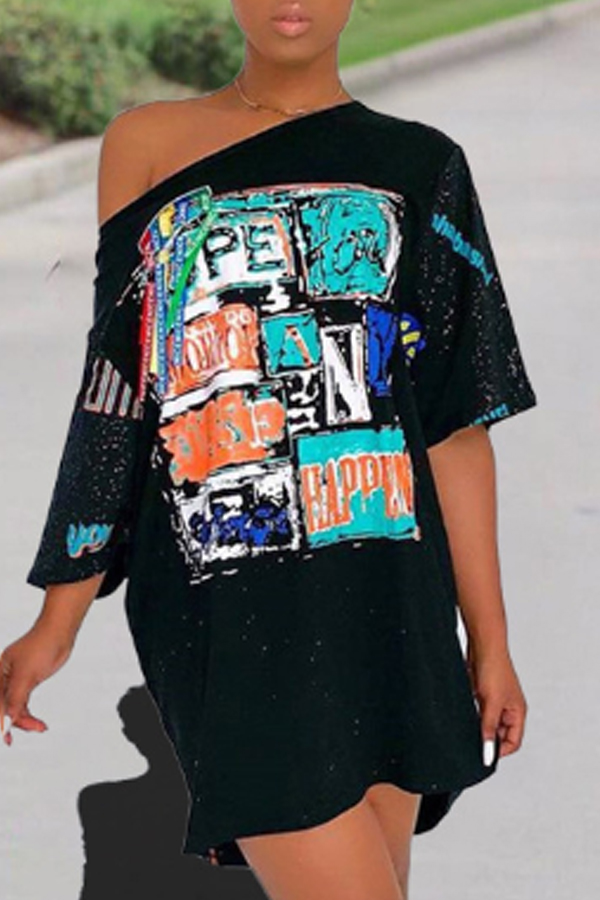 

Lovely Casual Print Black Mini Dress