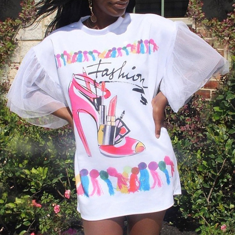 

Lovely Casual Print Patchwork White Mini Dress