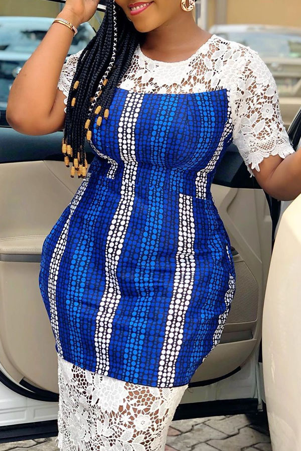 

Lovely Trendy Lace Patchwork Blue Mid Calf Dress