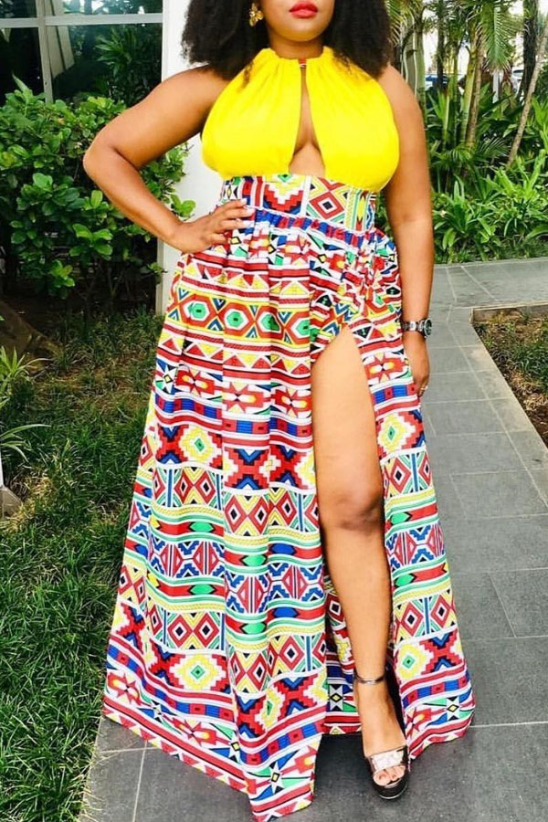 

Lovely Bohemian Side High Slit Yellow Maxi Dress