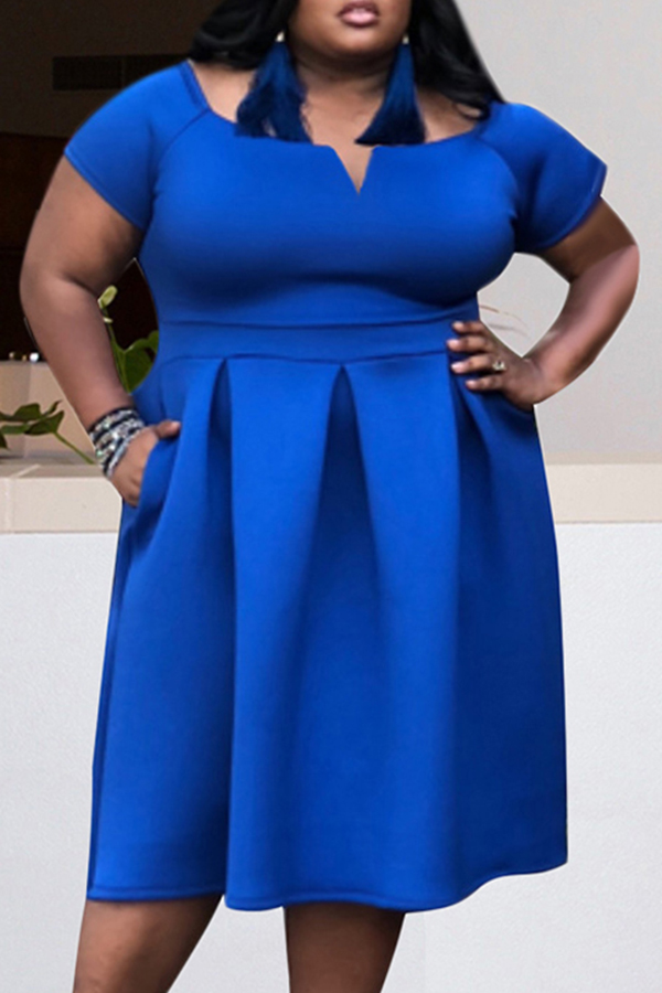 

Lovely Casual Fold Design Blue Knee Length Plus Size Dress