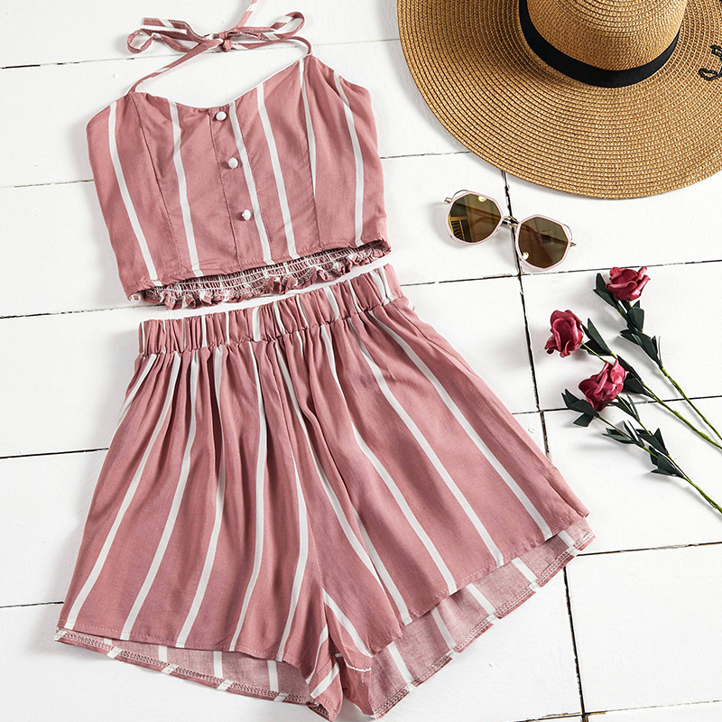 

Lovely Bohemian Striped Pink Two-piece Shorts Set