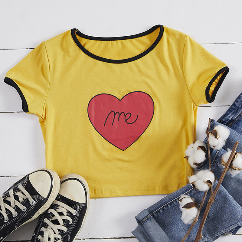 

Lovely Casual O Neck Heart Print Yellow T-shirt