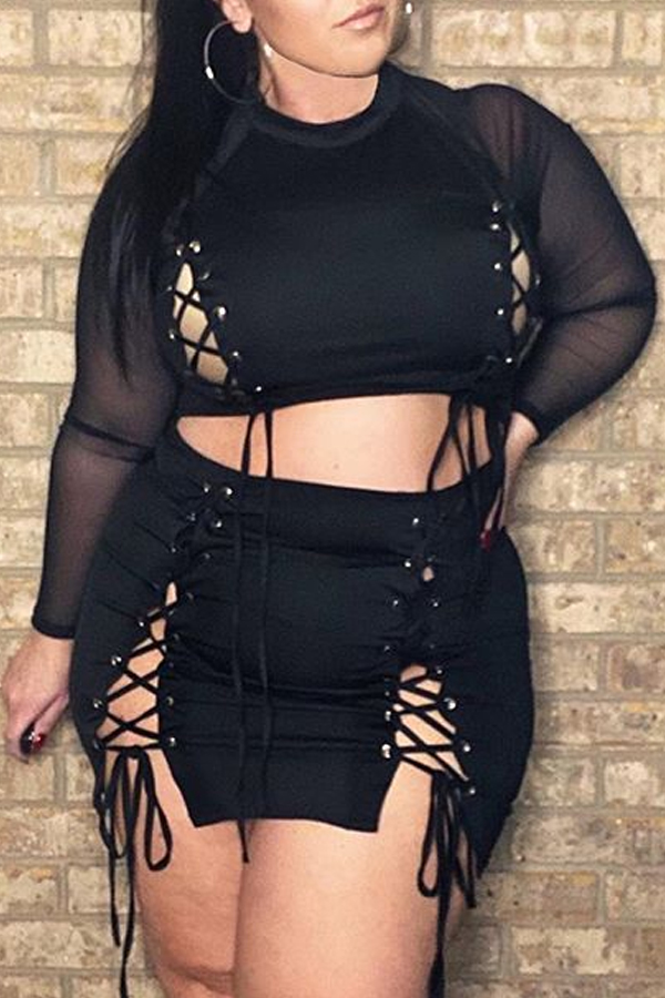 

Lovely Trendy Bandage Design Black Plus Size Two-piece Skirt Set
