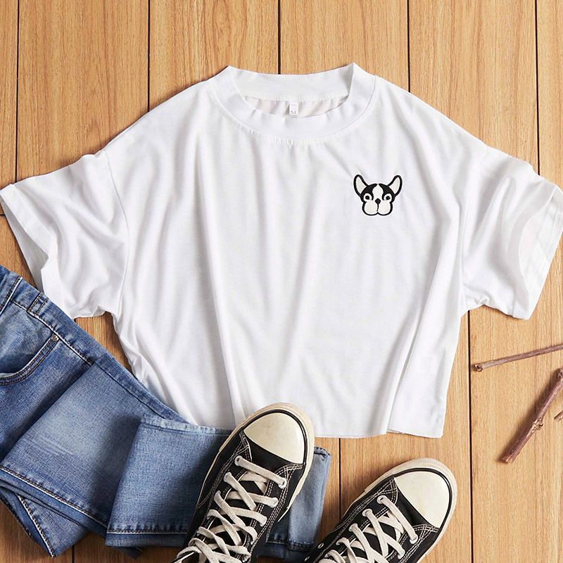 

Lovely Casual Dog Embroidered White T-shirt