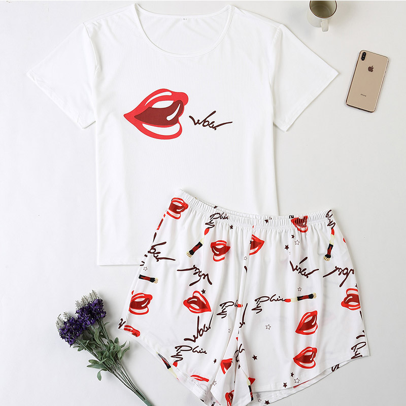 

Lovely Casual Lip Print White Plus Size Two-piece Shorts Set