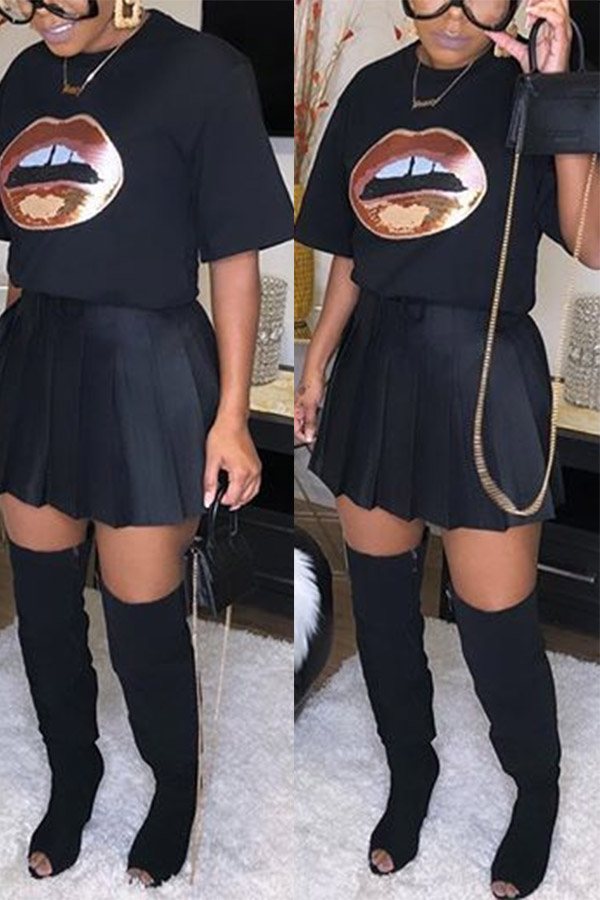 

Lovely Casual O Neck Lip Print Black T-shirt