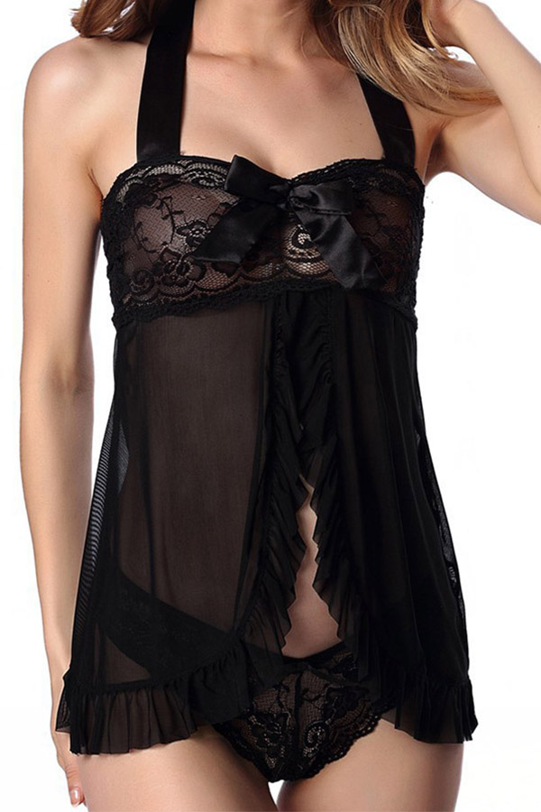

Lovely Sexy Lace Flounce Design Black Babydolls