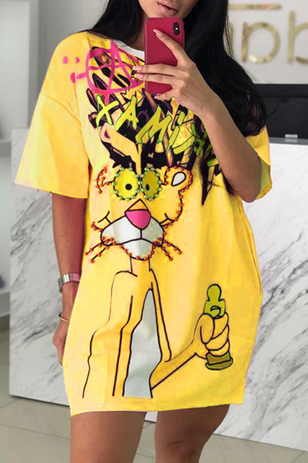 

Lovely Casual O Neck Cartoon Print Yellow Mini T-shirt Dress
