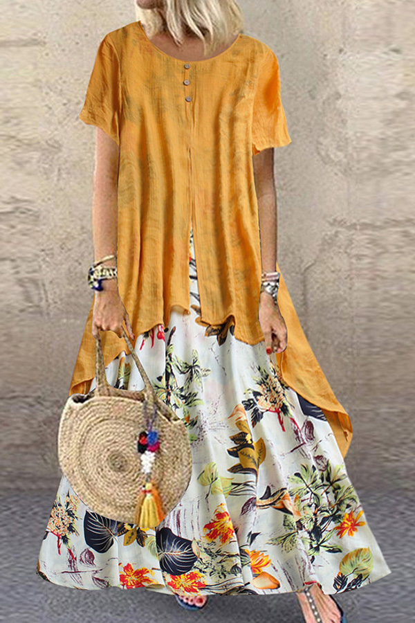 

Lovely Casual Patchwork Yellow Ankle Length Dress