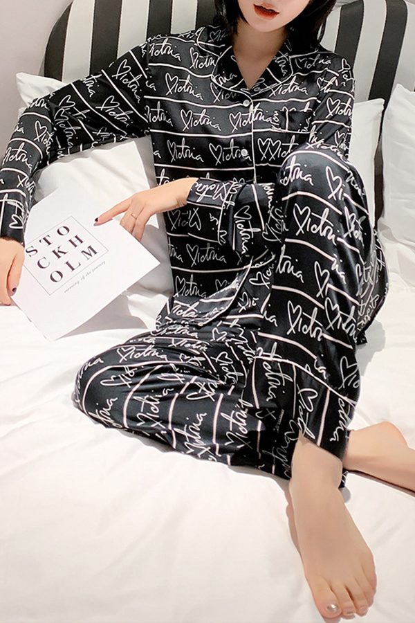 

Lovely Casual Letter Print Black Sleepwear