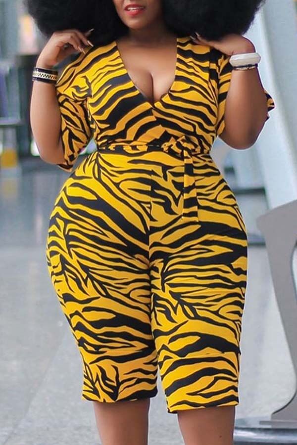 

Lovely Plus Size Casual Print Yellow One-piece Jumpsuit