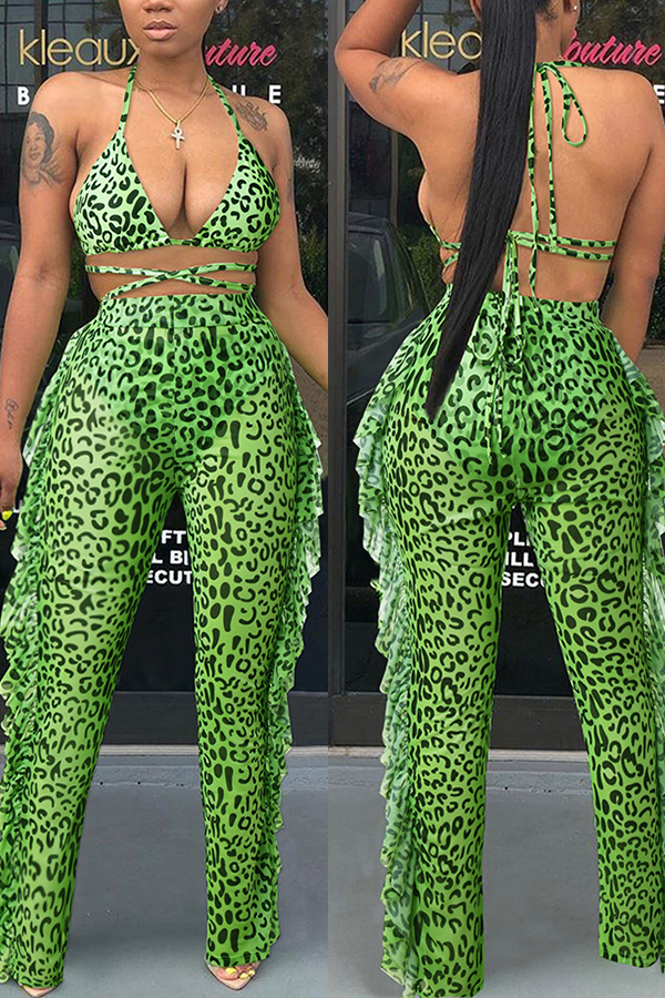 

Lovely Sexy Leopard Print Green Two-piece Pants Set