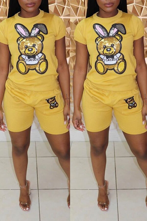 

LW Casual Cartoon Print Yellow Two-piece Shorts Set