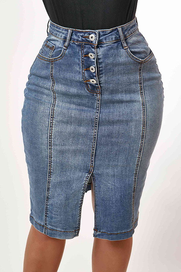 

Lovely Trendy Buttons Design Blue Skirt