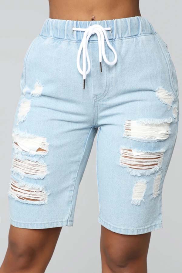 

Lovely Casual Broken Holes Baby Blue Shorts