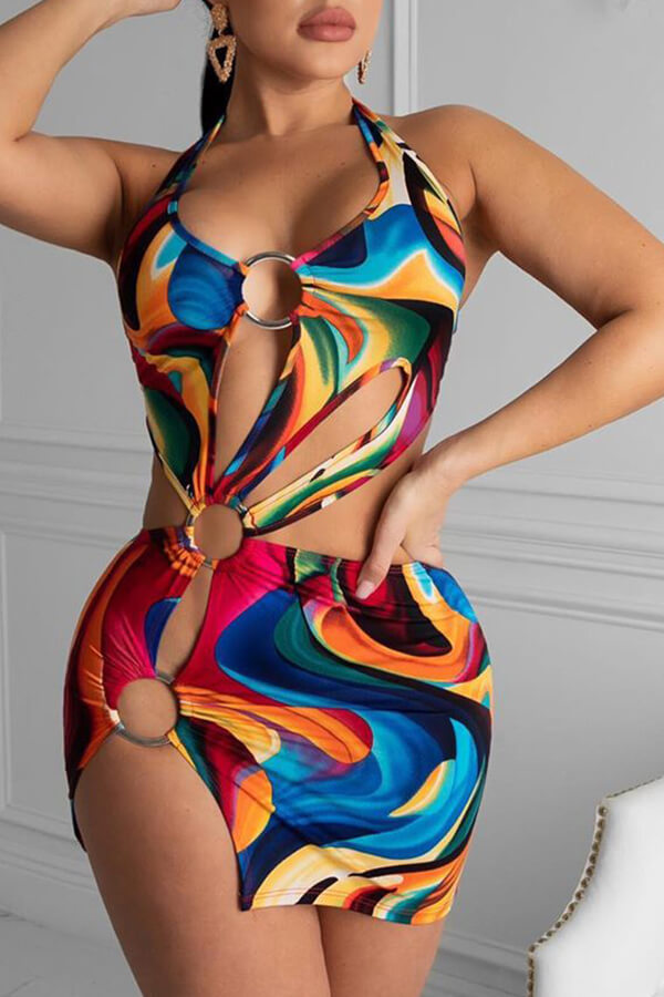 

Lovely Cut-Out Print Multicolor One-piece Swimsuit, Multi