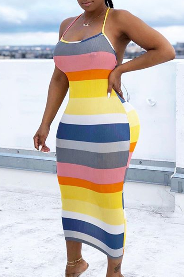 

Lovely Casual Striped Multicolor Mid Calf Dress, Multi