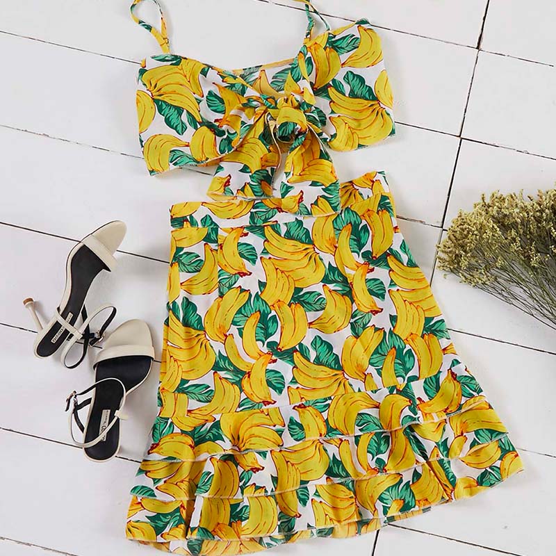 

Lovely Bohemian Banana Print Multicolor Two-piece Skirt Set, Multi