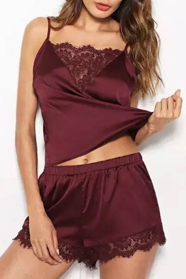 

Lovely Sexy Lace Patchwork Wine Red Sleepwear
