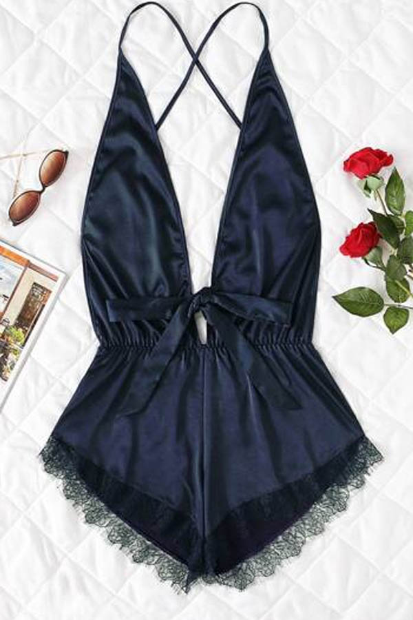 

Lovely Sexy Lace Hem Blue Sleepwear