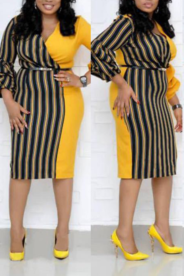 

Lovely Casual Patchwork Yellow Knee Length Plus Size Dress