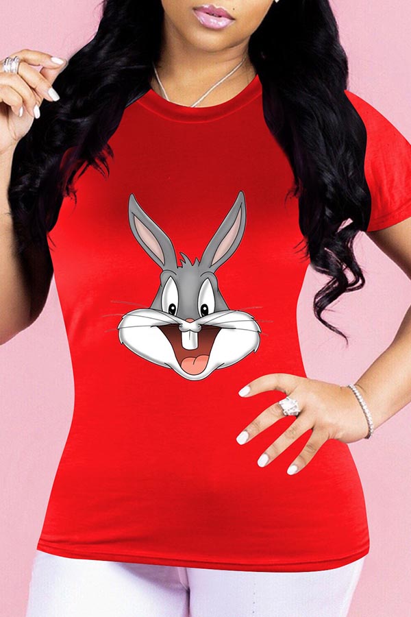 

Lovely Casual Cartoon Print Red T-shirt