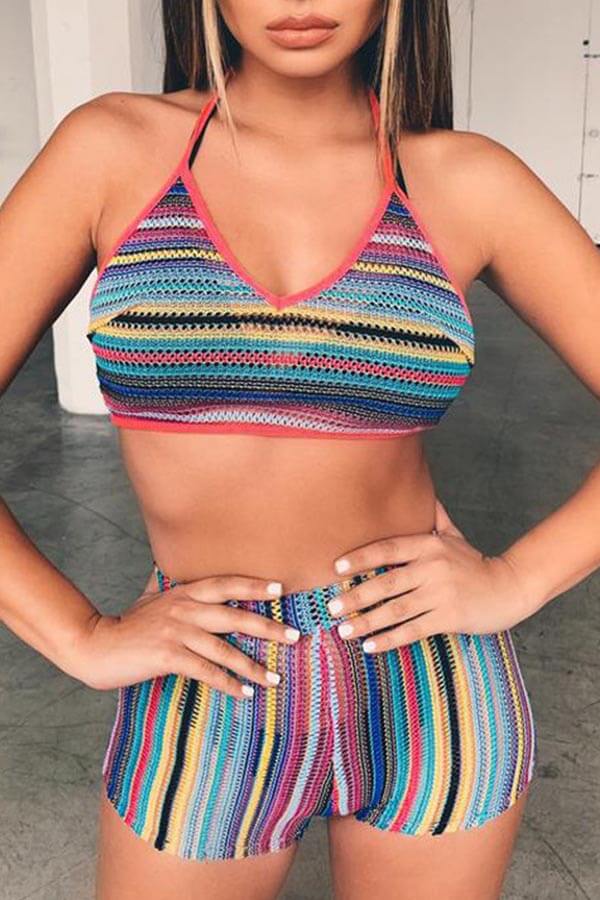 

Lovely Bohemian Rainbow Striped Multicolor Two-piece Shorts Set, Multi