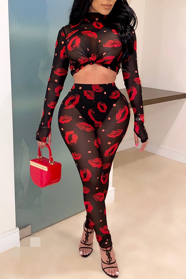 

Lovely Leisure Lip Print Black Two-piece Pants Set