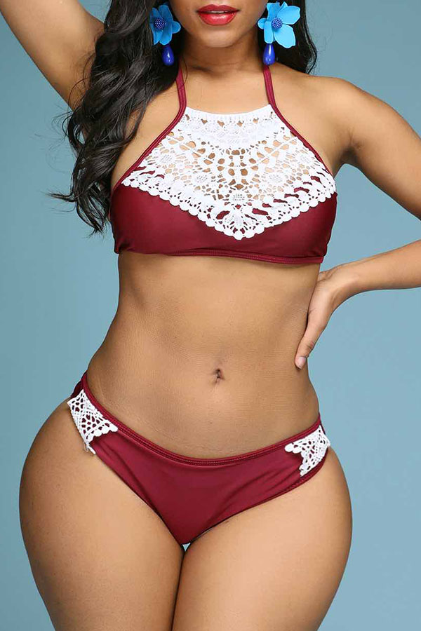 

Lovely Lace Patchwork Purplish Red Two-piece Swimsuit