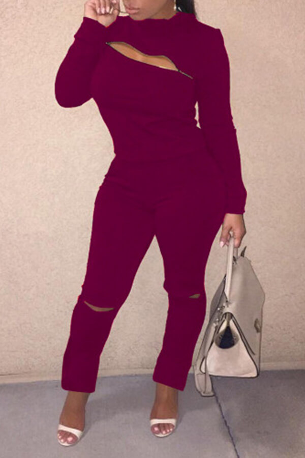 Lovely Trendy Zipper Design Wine Red Two-piece Pants Set