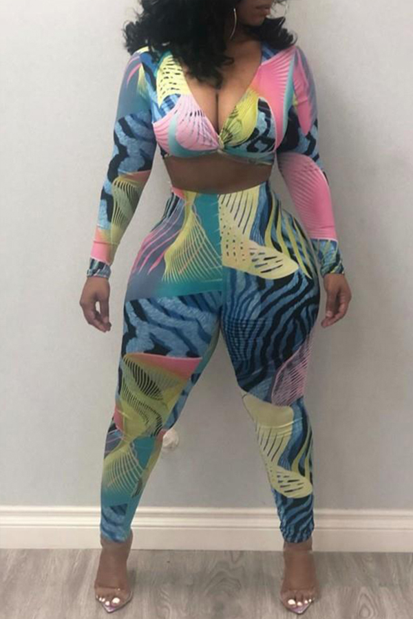

Lovely Stylish Print Blue Two-piece Pants Set