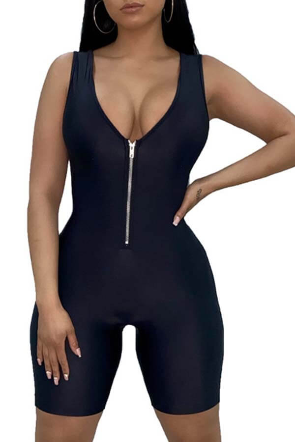 

LW Sportswear Zipper Design Black One-piece Romper