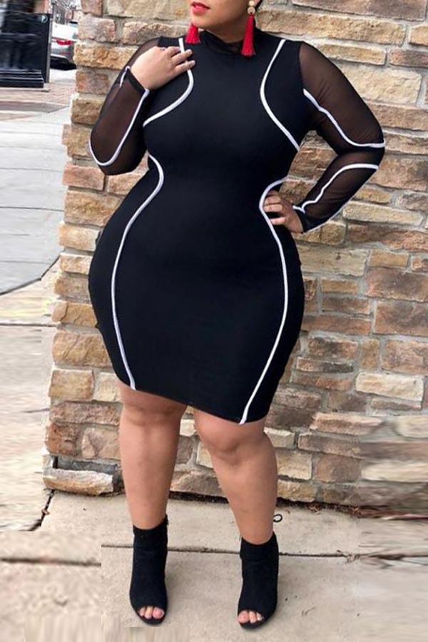 

Lovely Casual Patchwork Black Mini Plus Size Dress