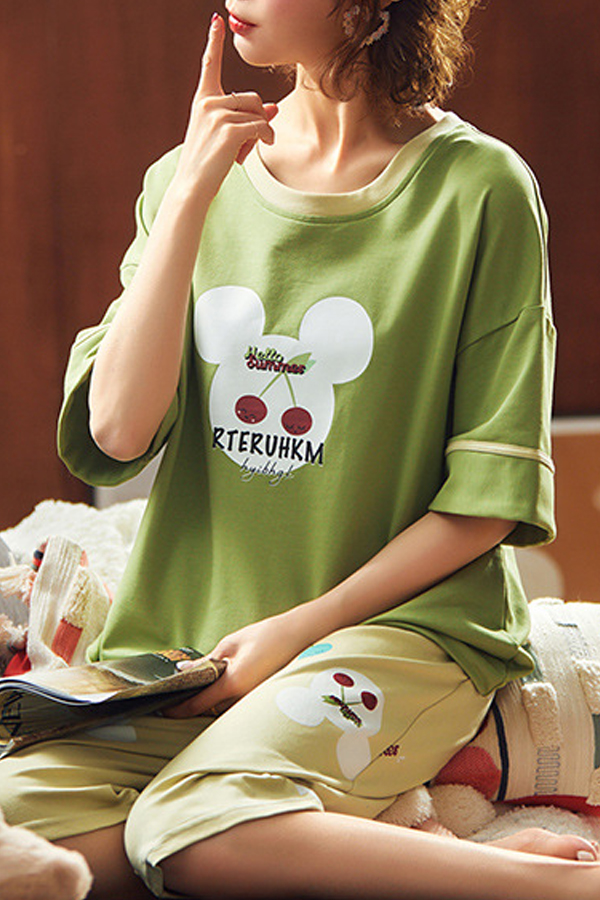 

Lovely Leisure Cartoon Print Light Green Plus Size Two-piece Pants Set