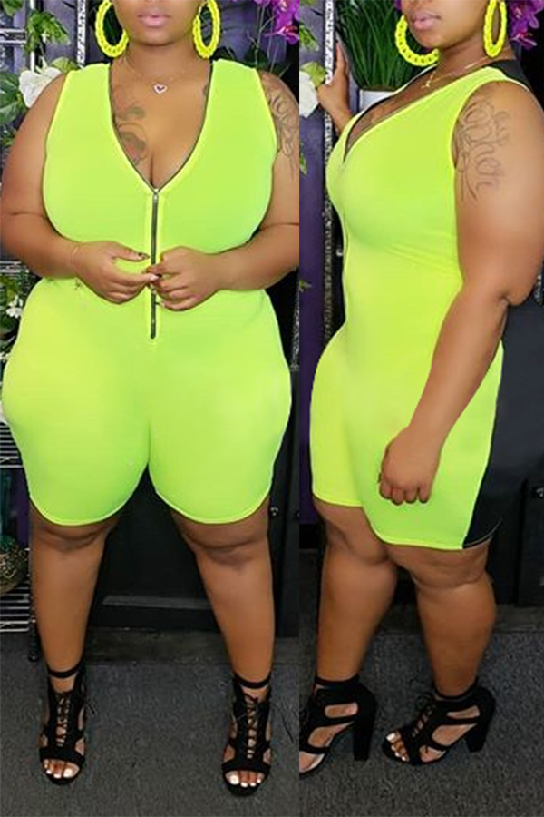 

Lovely Leisure Zipper Design Green Plus Size One-piece Romper