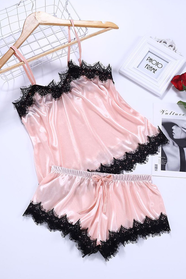 

Lovely Stylish Lace Hem Pink Sleepwear