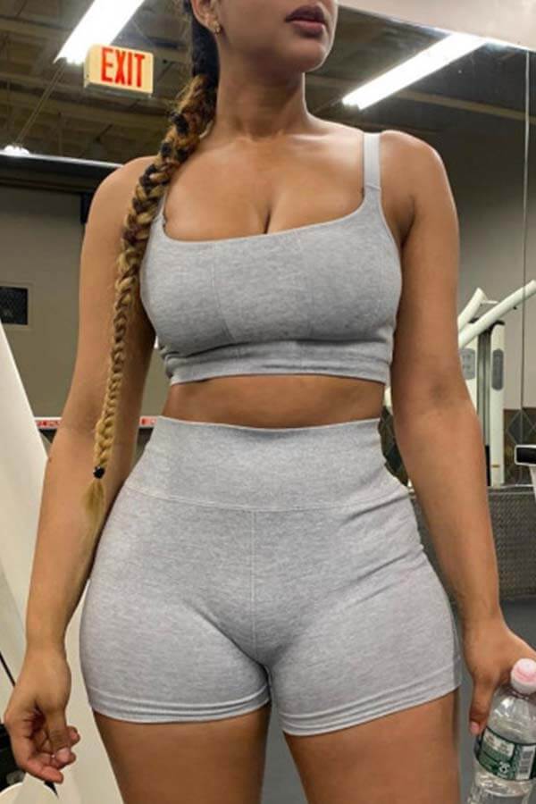 

Lovely Sportswear Basic Grey Yoga Two-piece Shorts Set