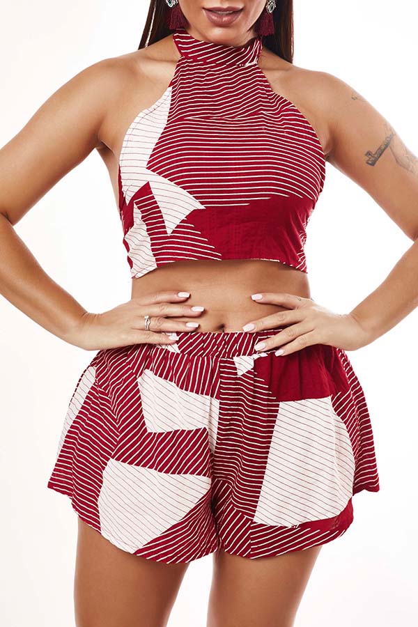 

Lovely Bohemian Striped Red Two-piece Shorts Set