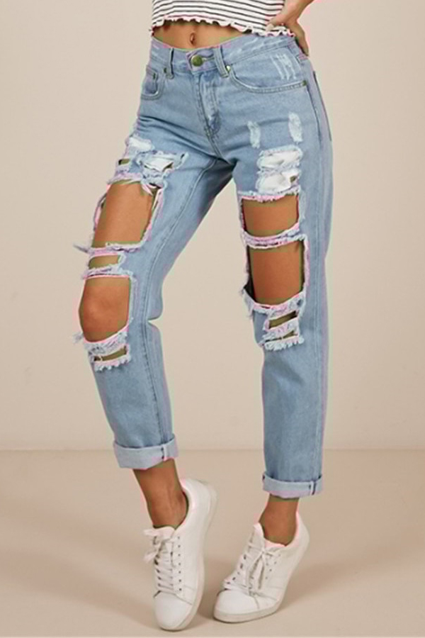 

Lovely Stylish Hollow-out Baby Blue Jeans