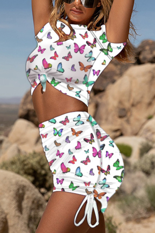 

Lovely Sweet Butterfly Print White Two-piece Skirt Set
