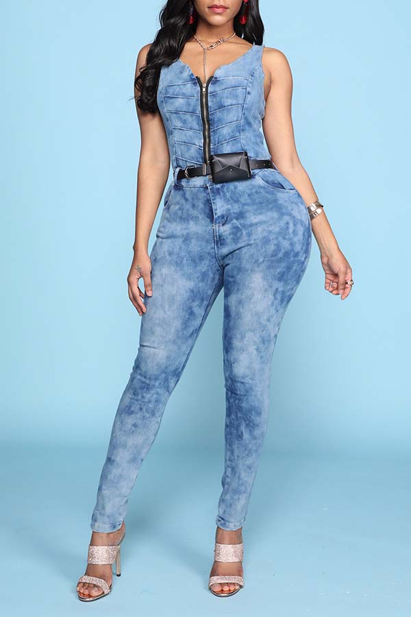 

Lovely Trendy Zipper Design Blue One-piece Jumpsuit