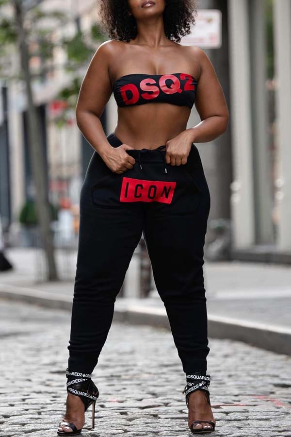 Lovely Leisure Letter Print Black Plus Size Two-piece Pants Set