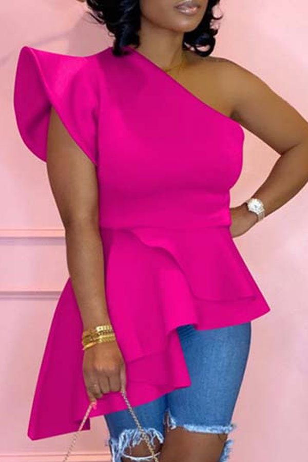 

Lovely Trendy One Shoulder Flounce Design Rose Red Blouse