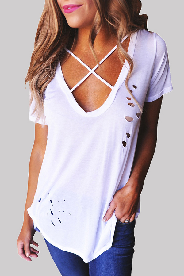 

Lovely Leisure O Neck Hollow-out White T-shirt