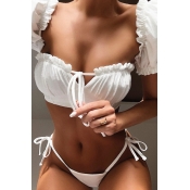 Lovely Flounce White Two-piece Swimsuit